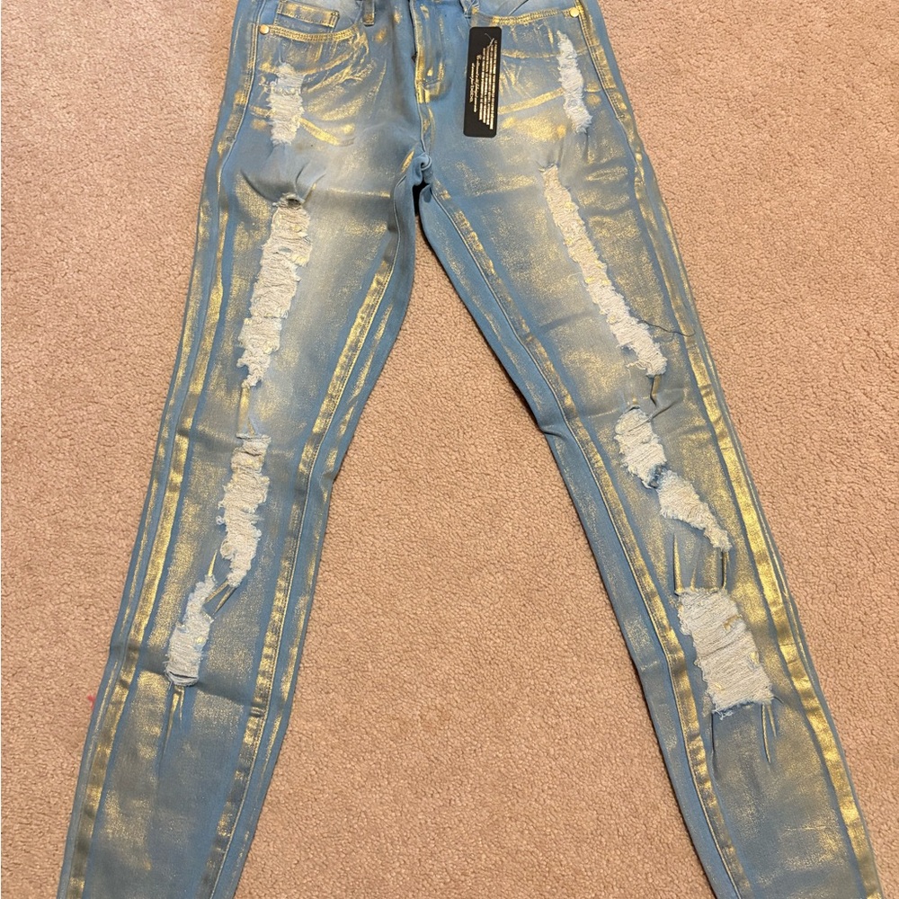 bebe Blue and Gold Distressed Skinny Jeans